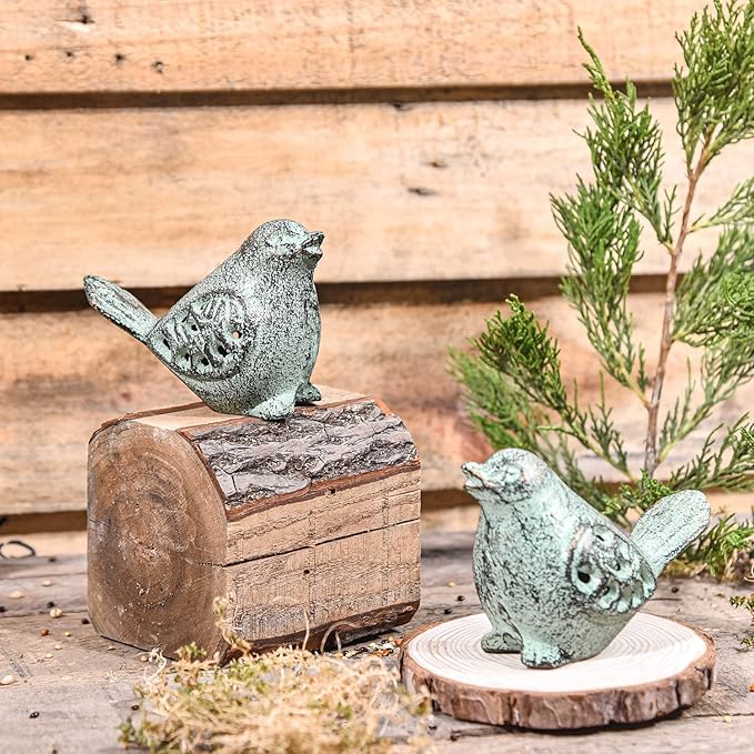 Sungmor Cast Iron Desktop Ornament - Graceful Hollow-Carved Birds Sculpture Home Decoration - Decorative & Lovely Animal Figurine Indoor Outdoor Statues - 2PC Pack & Green Color