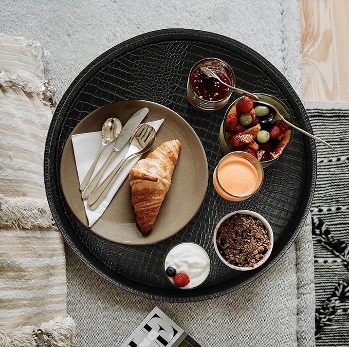 HofferRuffer Round Serving Tray 20'', Elegant Faux Leather Circle Ottoman Table Tray, Serve Tea Coffee Breakfast in Bedroom Living Room Kitchen (Classic Black)