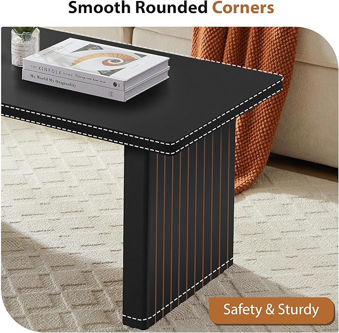 AVZEAR 43Inch Fluted Wooden Coffee Table for Living Room, Mid Century Modern Coffee Table with Sturdy Fluted Legs & Rounded Corner, Curved Rectangle Center Table for Home, Office, Cafe, Black