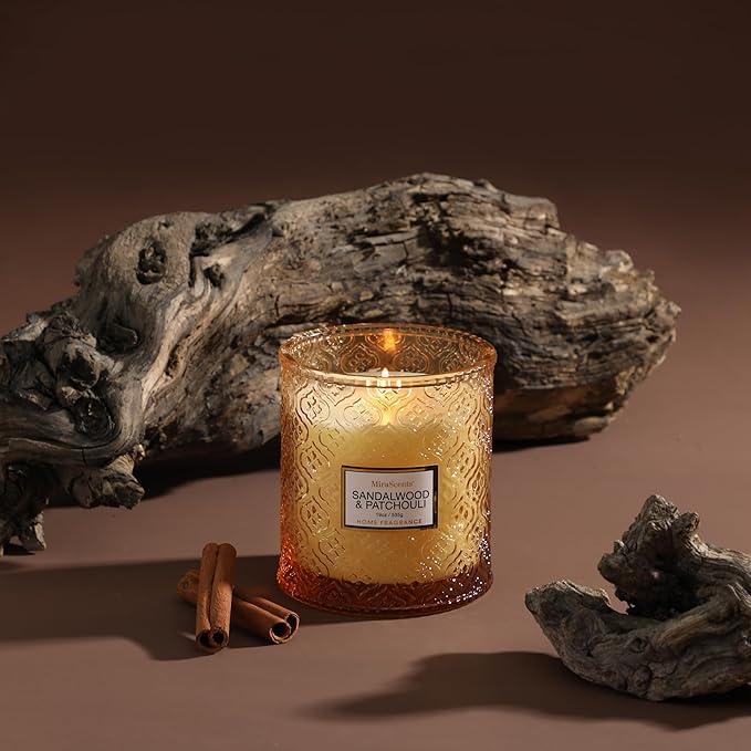 Sandalwood & Patchouli Scented Candles, 19oz Luxury Gifts for Women, Orange Decorative Glass Candles, Natural Soy Wax for Home Fragrance