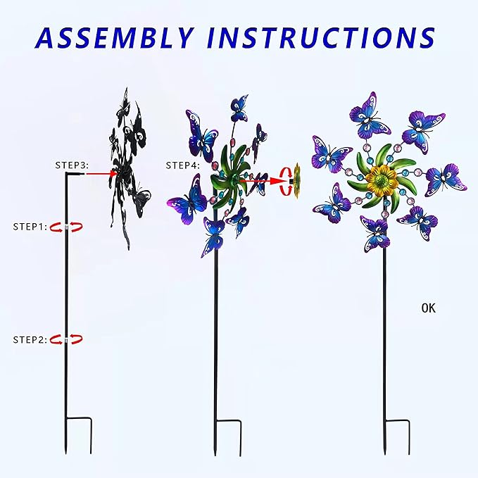39" Butterfly Wind Spinner for Yard and Garden Stake,Outdoor Metal Windmill,Single Direction Wind Sculptures, Kinetic Windmills for Garden Decorations.