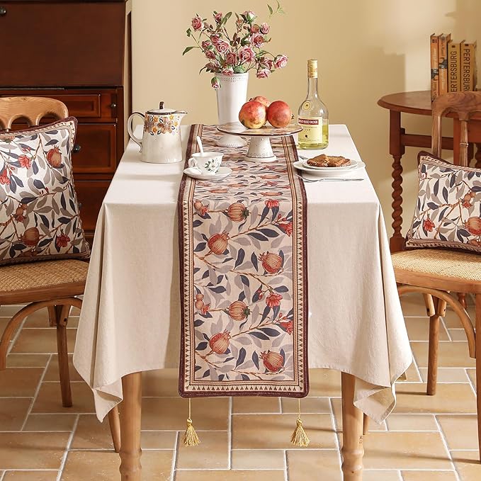 patdrea Designer Vintage SaddleBrown Linen Table Runner 71 Inch Long, Pomegranates Pattern Table Mat, Decoration for Kitchen Dining Table Coffee Table Shelf Cabinet Banquet Christmas ,12"*71"
