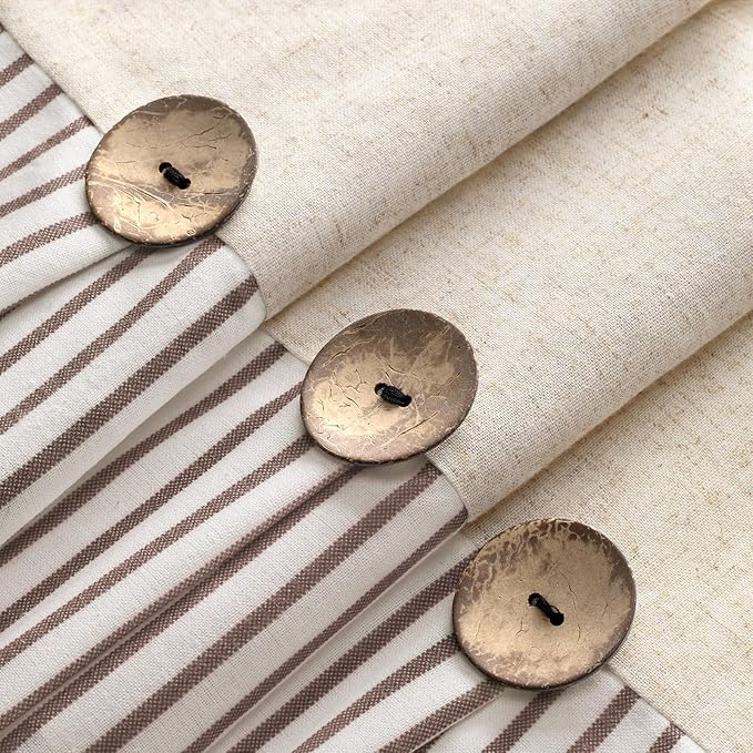 Awellife Farmhouse Beige Shower Curtain Button Linen Textured Woven Fabric,Pleated Beige Stripe,Country Style,72x72 Inch