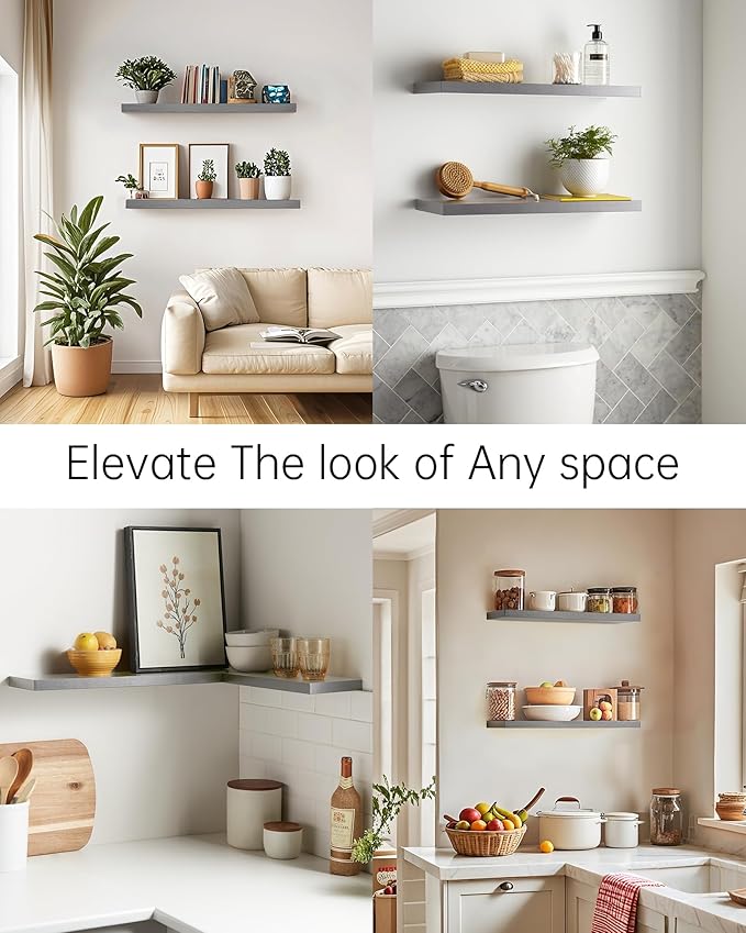 BAYKA Floating Shelves, 22.5 inch Rustic Wood Wall Mounted Shelves for Bathroom, Bedroom, Living Room, Kitchen, Hanging Shelf for Books/Storage/Decor (Grey,Set of 2)