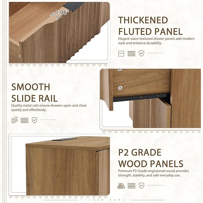 Yechen Fluted Nightstand with 20W Fast Charging Station - Modern Farmhouse Wood Night Stand with Storage Drawer & Shelf, Large Wide Bedside End Table for Bedroom with Curved Profile Base, Natural Oak