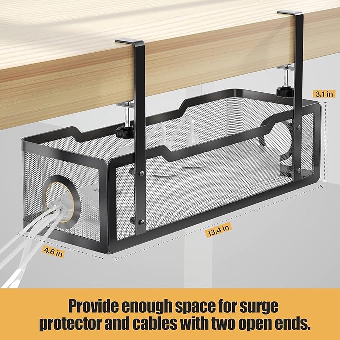 2 Pack Under Desk Cable Management Box Black, Cinati 26.8" Wire Organizers No Drill, Cord Organization Tray with Clamp for Office, Home - No Damage to Desk