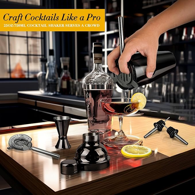 Cocktail Shaker Set Bartender Kit with Stand, Stainless Steel Drink Mixer Set with All Essential Accessories, Professional Bar Tool Set Bartending Kit, Gifts for Home Bar and Men Dad Women