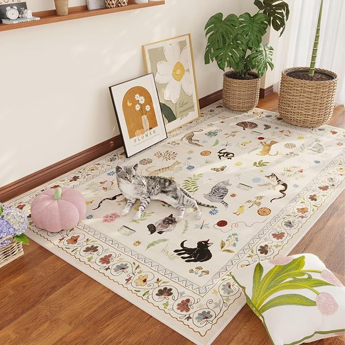Rugcomf Bedroom Rug 3x5 Rug Washable Area Rug Non Slip Low Pile Boho Floral Animal Cat Small Carpet for Bedroom Bedside Kitchen Entryway Kids Room Office College Dorm Essentials for Girls, Beige