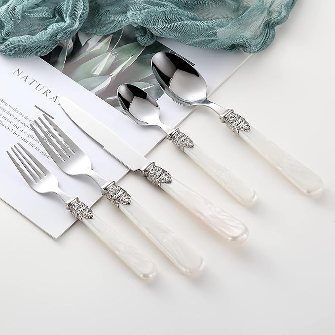 REVERIE Collection 18/10 Stainless Steel Vintage Flatware set,Sliverware set,Dishwasher safe (30, Pearl White)