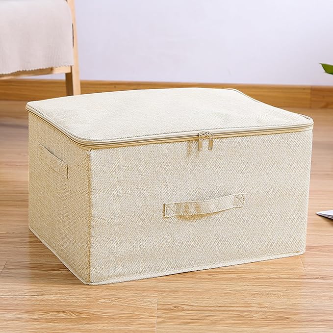ANMINY 2PCS Storage Bins with Zipper Lids 36 Qt Lidded Fabric Storage Boxes Baskets Cubes with Handles Collapsible Washable Cotton Linen Closet Shelf Clothes Organizer Containers - Beige, Large