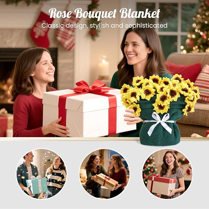 Flower Bouquet Blanket Gifts for Mom Grandma Wife Girlfriend,Completed Crochet Flower Blanket,Soft Knitted Throw Blankets,Gifts for Her Christmas Birthday Anniversary (Yellow Sunflowers)
