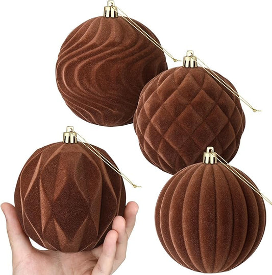 4 Pcs 4 Inch Large Velvet Christmas Ball Ornaments Vintage Christmas Plastic Ball Ornaments Flocked Tree Hanging Decoration for Xmas Party Wedding Home Decor(Brown)