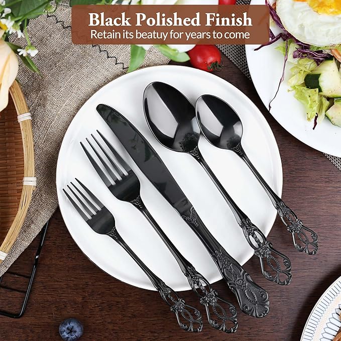 Silverware Set, 30 Pieces Retro Royal Silverware Set for 6, Anti-rust Stainless Steel Flatware Set Including Fork Spoon and Knife, Dishwasher Safe, Black
