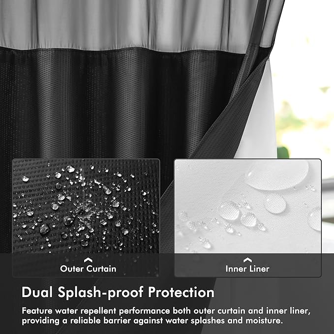 Mrs Awesome No Hook Shower Curtain with Snap-in Liner Less Time On/Off, Embossed Waffle-Look Textured Fabric Shower Curtain for Bathroom, Soft & Lightweight, 71x74, Black