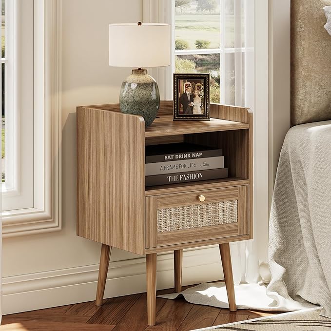 Night stand Set of 2, Bedside Tables with Charging Station, Rattan End Tables, Bed Side Tables, Wood Nightstands set of 2 for Farmhouse Kids' Room Bedroom Living Room Dorm Sofa Office Corner(Brown)