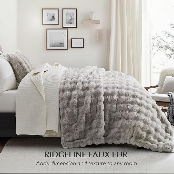 EverGrace Ultra Soft Luxury Fluffy Faux Rabbit Fur Throw Blanket, Thick Warm Bubble Throw for Bed, Cozy Plush Reversible Blankets for Couch, Chair, Sofa, Taupe, 80x90 Inches