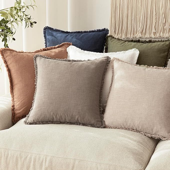 Foindtower Set of 2 Decorative Linen Fringe Throw Pillow Covers Boho Farmhouse Cushion Cover with Tassels Soft Accent Pillowcase for Couch Chair Sofa Bed Living Room Home Decor,20×20 Inch,Brown Tan