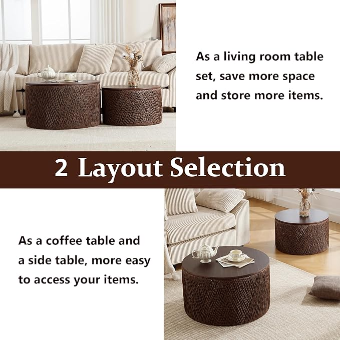 Kmax 30" Round Wood Nesting Coffee Table Set of 2 Handcraft Woven Rope Sofa Tables Both with Storage Drum End Table Side Table for Small Space Living Room No Assembly Needed, Dark Brown
