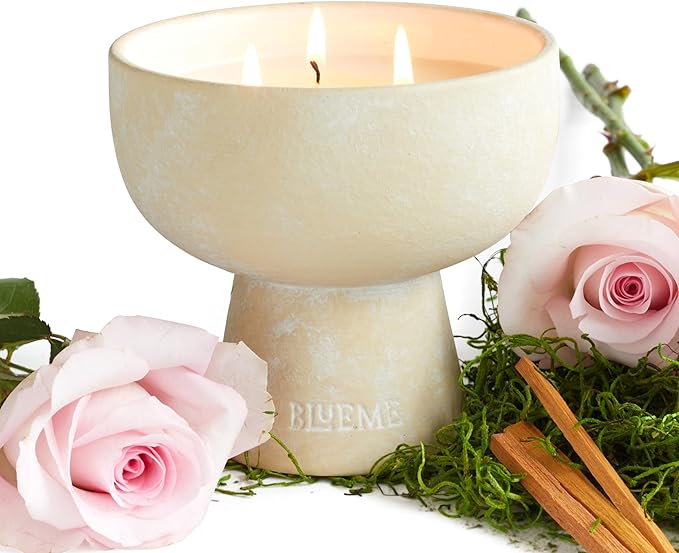 BLUEME Oakmoss & Sandalwood, Luxury Candle w/Essential Oils, 3 Wick, Hand-Poured Soy, Cotton Wick, Ceramic