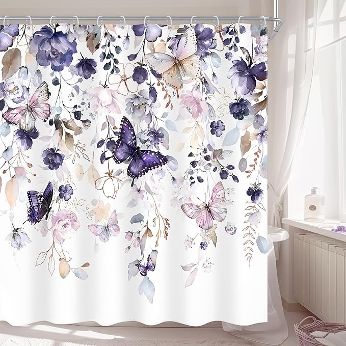 Purple Floral Butterfly Shower Curtain 72Wx72L Inch Summer Spring Plant Natural Gold Leaves Botanical Bathroom Set Girl Woman Elegant Country Bath Curtain Bathtub Accessories Home Decor