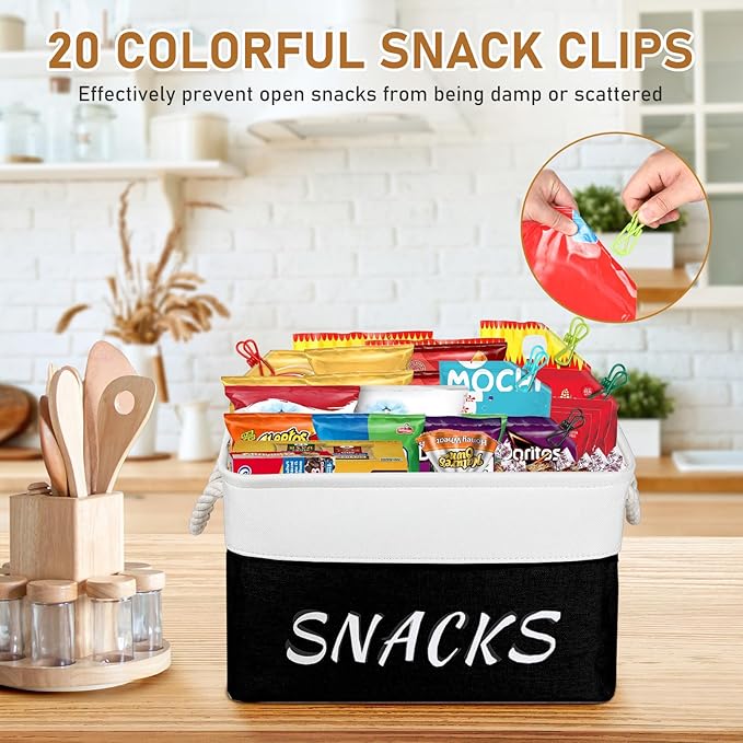 2 Pack Snack Organizer for Pantry,Decorative Snack Basket with 20 Pcs Chip Clips, Collapsible Snack Organizer for Countertop, Pantry Shelf, Office, Kitchen and More