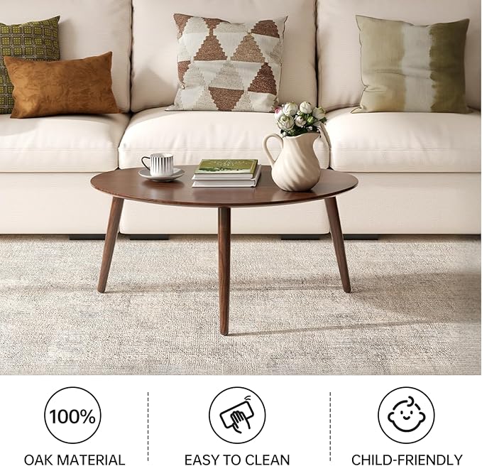 Small Oval Coffee Table, Mid Century Modern Coffee Table for Living Room, 100% Solid Oak Wood Side Table End Tables for Home (Walnut Wood Color, 33.46''x22.83''x15.74'')