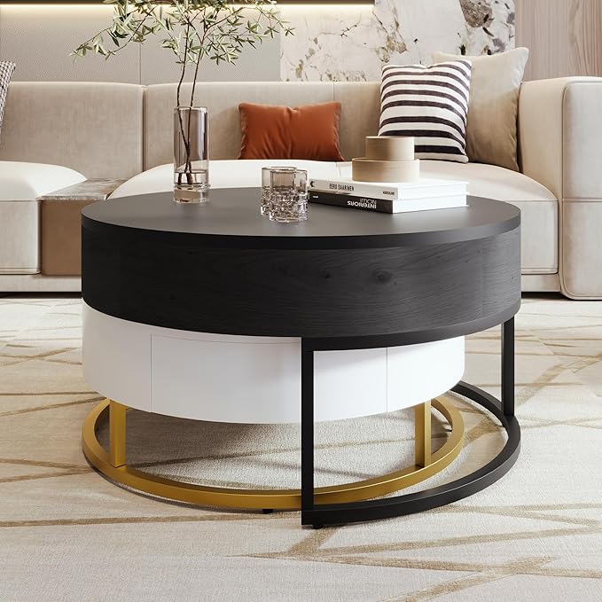 Modern Round Lift-top Nesting Coffee Tables with 2 Drawers for Living Room White & Black