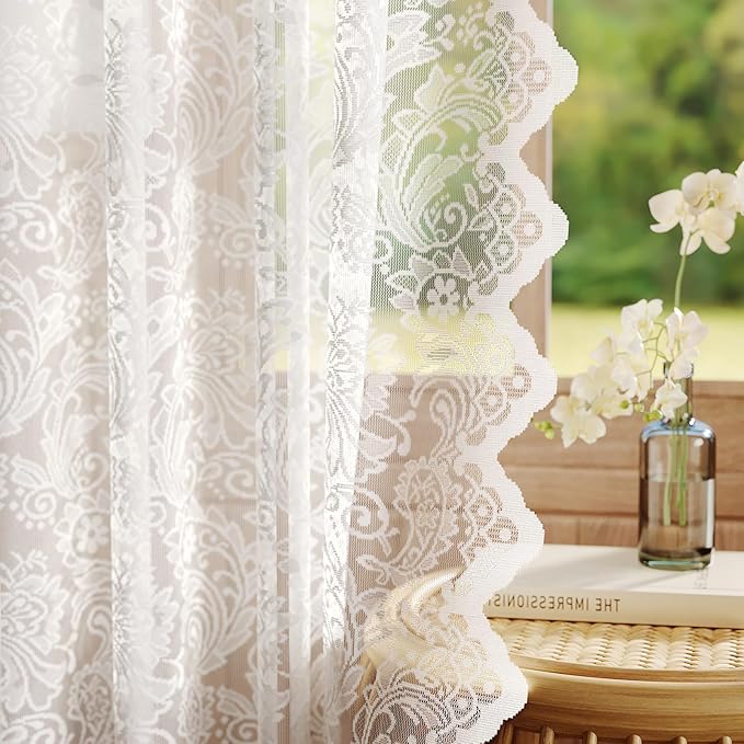 White Lace Sheer Curtains – Vintage Floral Lace for Bedroom/Kitchen, Victorian Privacy Light Filtering Rod Pocket Drapes, Delicate Chic Window Treatments Scalloped Hem, 52W x 54L Inch, 2-Panel