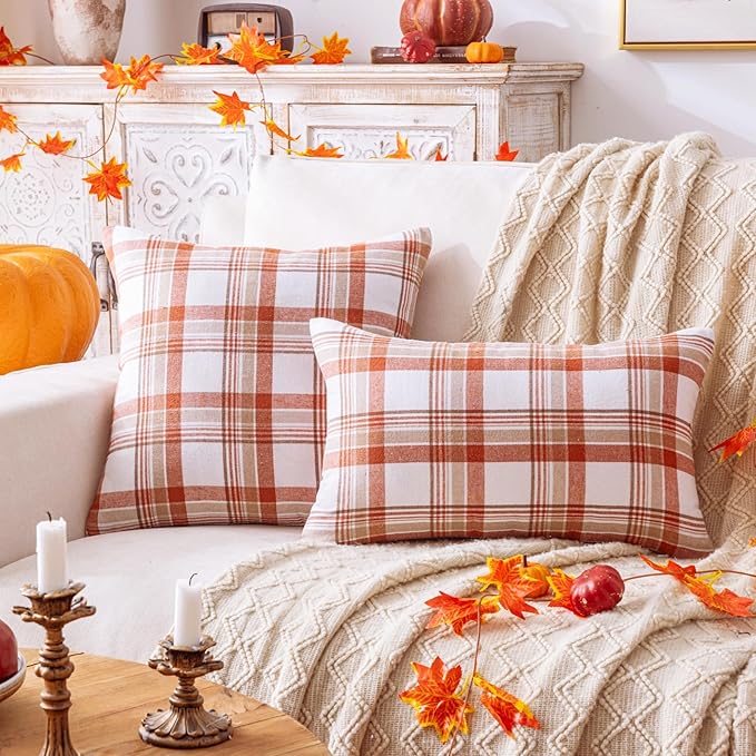 Fall Plaid Orange White Throw Pillow Covers 20x20 Inch, Set of 2 Autumn Decorative Throw Pillows for Couch Sofa Bed Living Room Home Decor, Accent Pillow Cases for Farmhouse Couch Cushion Covers