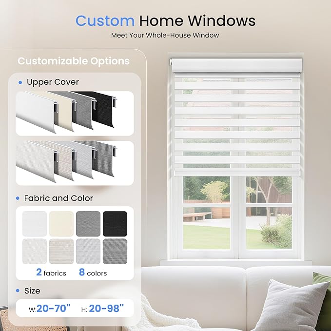 Grandekor No Drill Zebra Blinds for Windows,Cordless Zebra Shades Dual Layer, Pull Down Roller Shades Free-Stop,Custom Sizes,Textured White,Easy to Install for Home, Office, Bedroom