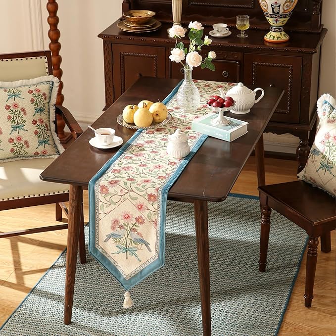 patdrea Designer French Elegant Wild Flowers Velvet Table Runner 87 Inch Long, Beige Pink Floral Pattern Table Mat, Decoration for Kitchen Dining Coffee Table Cabinet Banquet Thanksgiving,12"*87"