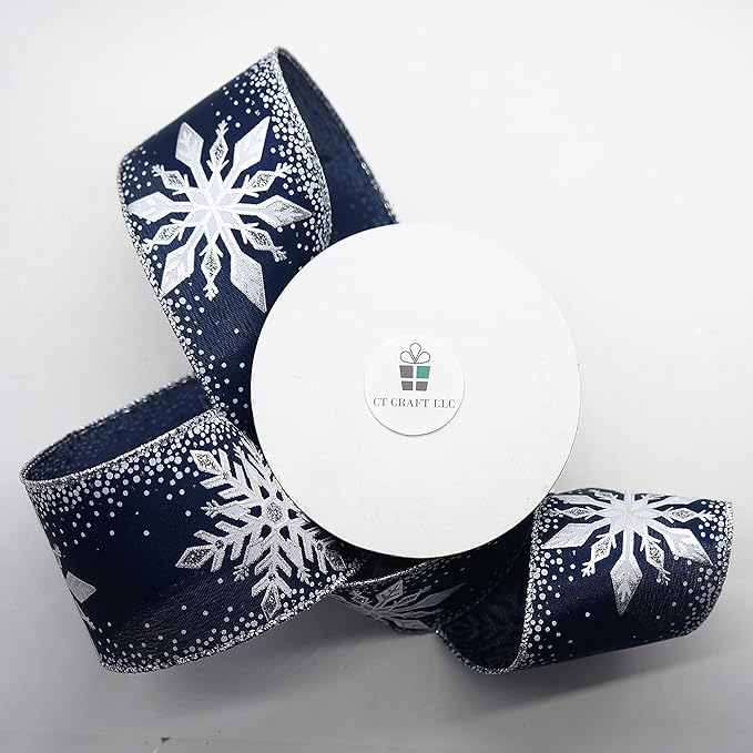 CT CRAFT LLC Navy Satin with Silver Snowflake Wired Ribbon 2.5 Inch x 10 Yards for Christmas Home Decor Tree Topper Bow Gift Wrapping DIY Crafts Wreath Garland