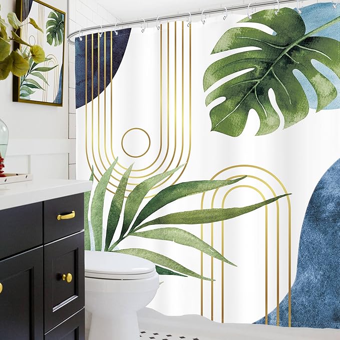 Glawry Boho Blue Green Shower Curtain Extra Long Abstract Mid Century Tropical Palm Leaf Modern Minimalist Plant Bathroom Geometric 72Wx78L Inches Bath Accessories Art Home Decor Fabric 12 Pack Hook