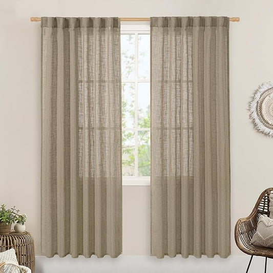 LAMIT Taupe Sheer Linen Curtains, 80 inch Light Filtering Semi Sheer Panels Back Tab and Rod Pocket Farmhouse Rust Drapes for Bedroom/Living Room, 2 Panels, 52 x 80 Inch