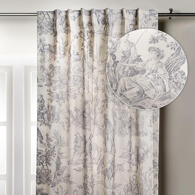 Maison d' Hermine Curtains for Living Room 100% Cotton 108 inch Length One Panel Light Filtering Toile Curtains for Bedroom Windows with Rod and Loop Pockets (The Miller Paloma Gray, 50" W x 108" L)