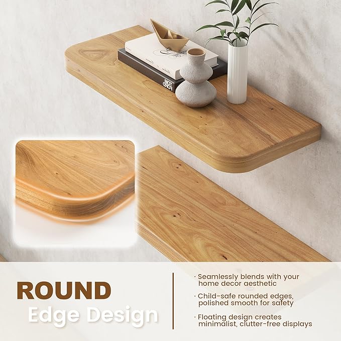 Rustic Elm Wood Floating Shelves for Wall Round Edge, 39"W x 9.2"D x 1.37"H, Set of 2 with Invisible Bracket, Wall Mounted Storage Shelves for Living Room Bedroom Kitchen Bathroom Decor, Natural