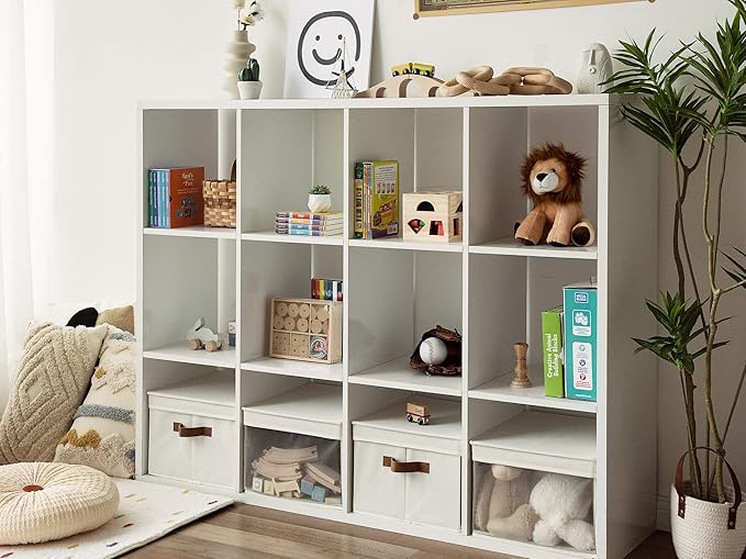 StorageWorks Storage Bins with Lid and Clear Window, Fabric Storage Boxes with Lids, Stackable Basket for Shelves, Closet Organizer and Storage Bins, Beige, Large, 4-Pack