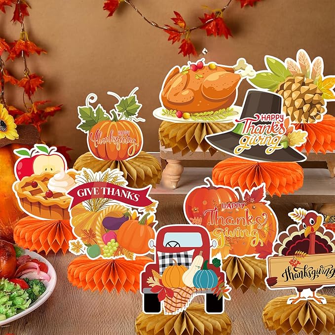 9Pcs Thanksgiving Centerpiece Fall Centerpiece Table Decorations Pumpkin Turkey Honeycomb Thanksgiving Table Centerpiece for Thanksgiving Table Decoration Autumn Theme Birthday Party Supplies