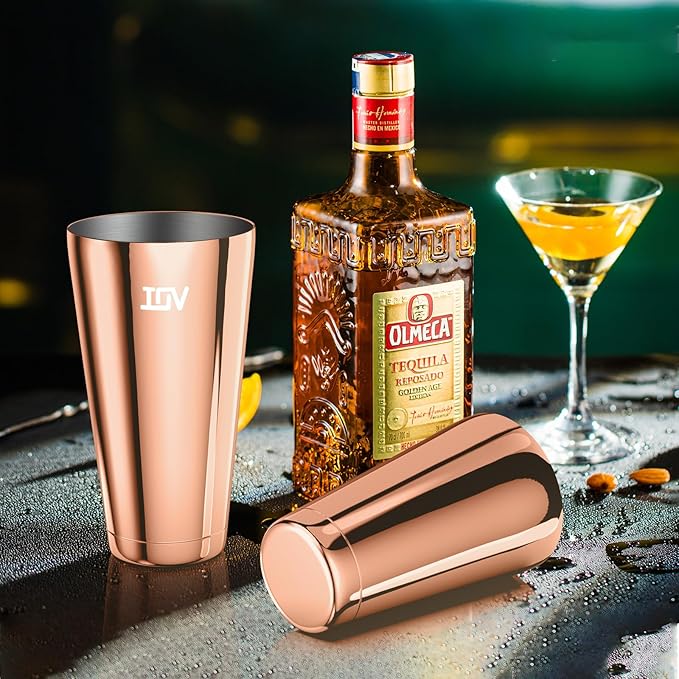 IOV Boston Cocktail Shaker Set, 18oz & 28oz Stainless Steel Weighted Shaker Tins, Metal Martini Drink Mixer for Bartending, Professional Bar Tools with Cocktail Recipe Guide, Rose Gold