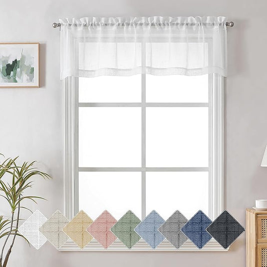 Aiyufeng Kirei Faux Linen Sheer Valances, Farmhouse Kitchen Valance Sheer Curtain 14 Inch Length 1 Panel, Soft Slub Textured Valance for Small Windows Basement Bedroom, 60X14 Inch, 1 Piece, White