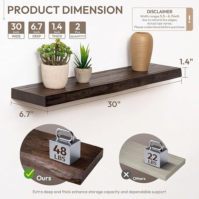 Marsmiles 30 inch Floating Shelves for Wall Elm Wood Live Edge Shelves|Rustic Wall Shelves with Invisible Heavy-Duty Bracket for Bathroom Living Room Kitchen|Walnut, 2 Pack