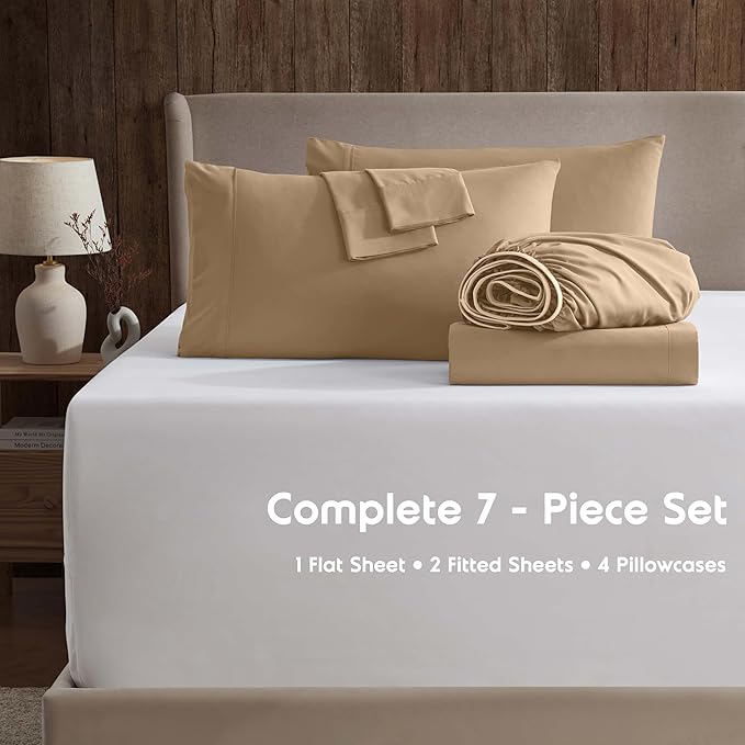 Nestl Extra Deep Split King Sheet Set - 7 Piece Breathable & Cooling Sheets - Hotel Luxury Bedding Set w/18-24 Inch Deep Pockets - Easy & Secure Fit - Super Soft, Wrinkle Free & Comfy - Mocha Brown
