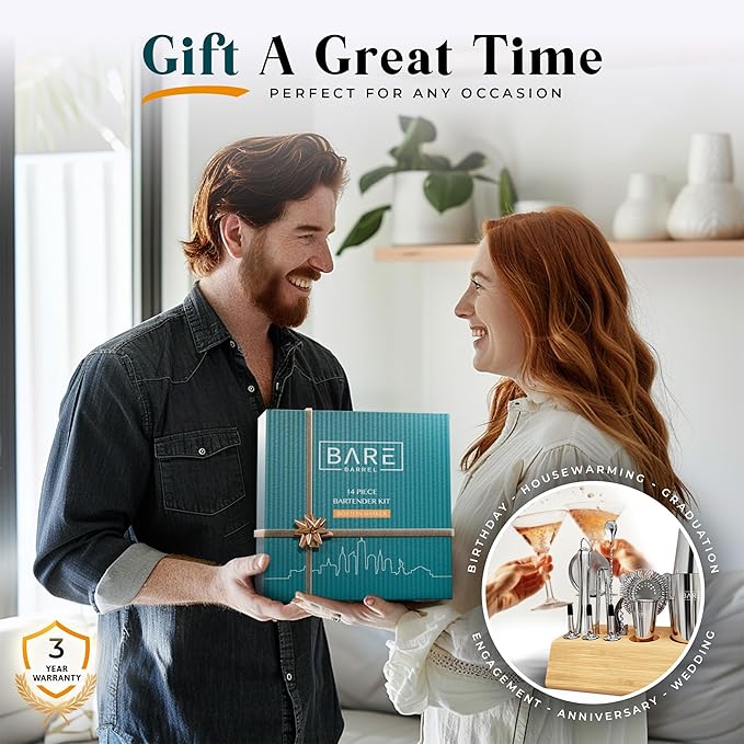 BARE BARREL® Mixology Bartender Kit Bar Set | 14-Piece Cocktail Shaker Set | Martini Barware Mixing Tools for Home Bartending | Incl. 35 Recipe Cards | Gift Set (28oz Boston Shaker, Silver/Natural)