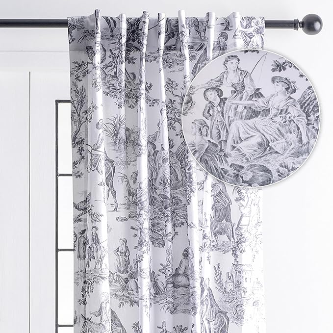 Maison d' Hermine Curtains for Living Room 100% Cotton 84 inch Length One Panel Light Filtering Toile Curtains with Rod and Loop Pockets (The Miller Paloma Gray (White Background), 50" W x 84" L)