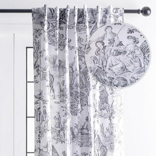 Maison d' Hermine Curtains for Living Room 100% Cotton 108 inch Length One Panel Light Filtering Toile Curtains with Rod and Loop Pockets (The Miller Paloma Gray (White Background), 50" W x 108" L)