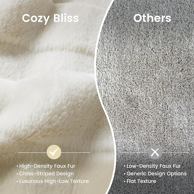 Cozy Bliss Fluffy Faux Fur Blanket Queen Size for Bed, Fuzzy Soft Striped Plush Blanket, Thick Throw for Bedroom Couch Gift, 90x90 Inches Cream White