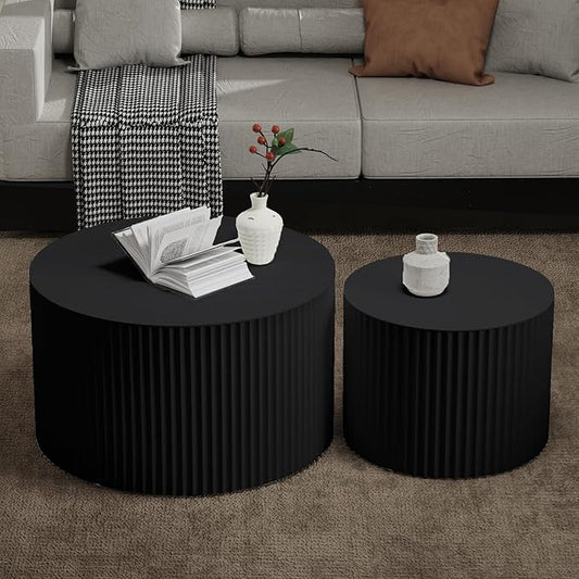 Nesting Coffee Table Set of 2 Modern Round Coffee Table with Non-Slip Feet Wood Drum Circle Accent Tables End Table Set for Living Room Bedroom Office (Black Round Set)