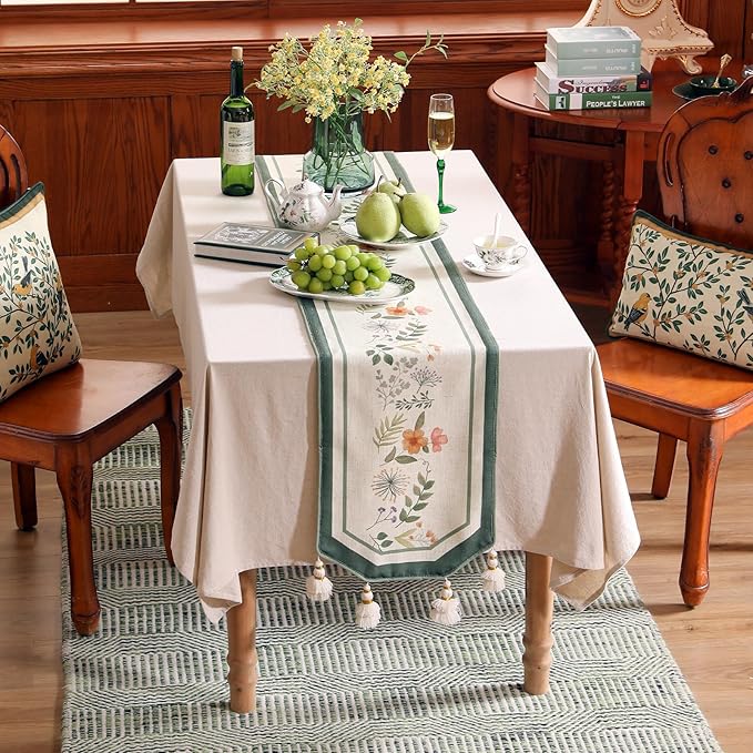 Designer Linen Table Runner,French Farmhouse Shabby Chic Floral Pattern 87 Inches Long Wrinkle Free Table Runners,Decor Tabletop for Kitchen,Dining,Party,Home,Christmas,12"*87"