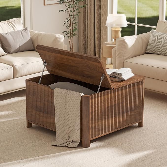 LYNCOHOME Fluted Lift Top Coffee Table with Storage, Square Coffee Tables for Living Room, Coffee Table with Large Hidden Storage Compartment and Adjustable Shelves，Walnut