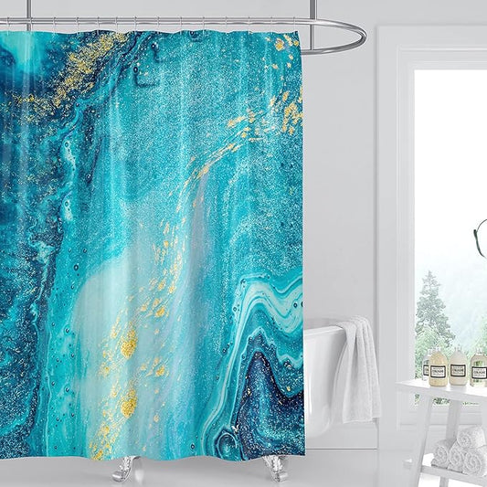 Domoku Blue Gold Marble Shower Curtain, Golden Cracked Lines Abstract Modern for Bathroom Decor, Waterproof Texture Washable Fabric, 72 X 72
